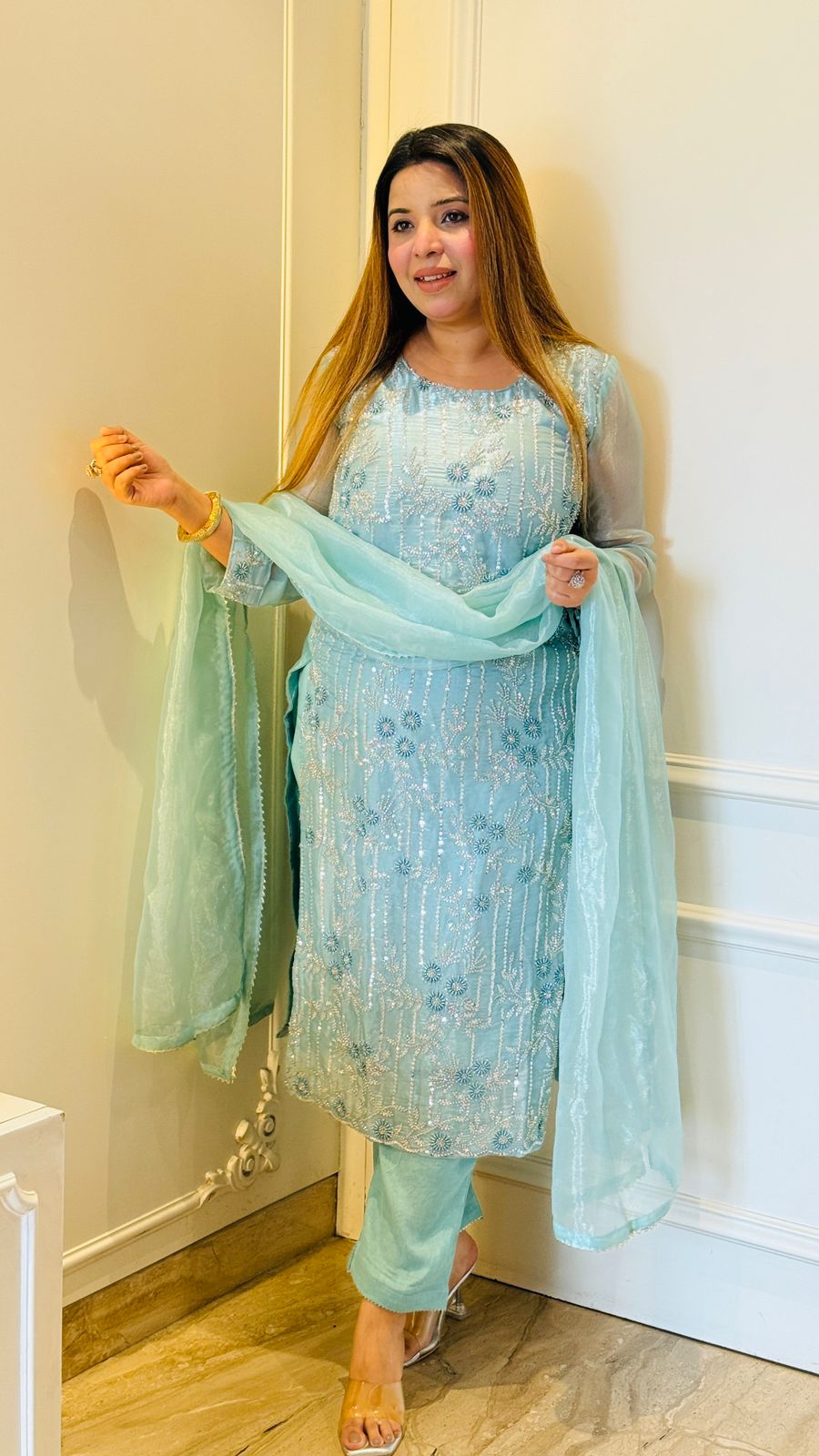 Aarzu Organza Suit- Blue, White